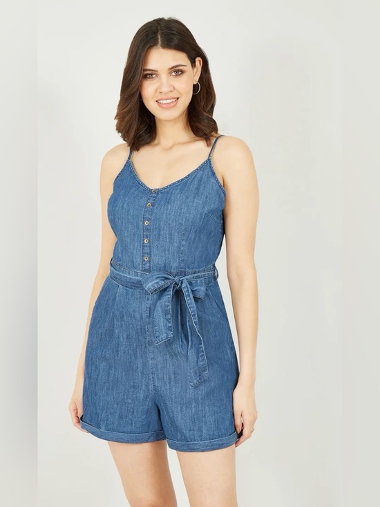 Dynamite Pants - DYNAMITE Denim Romper with Tie Waist and Pockets